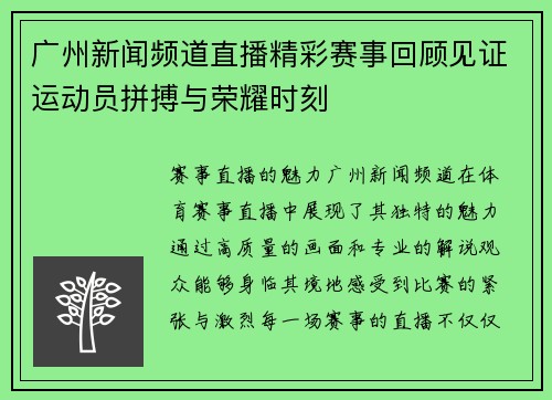 广州新闻频道直播精彩赛事回顾见证运动员拼搏与荣耀时刻